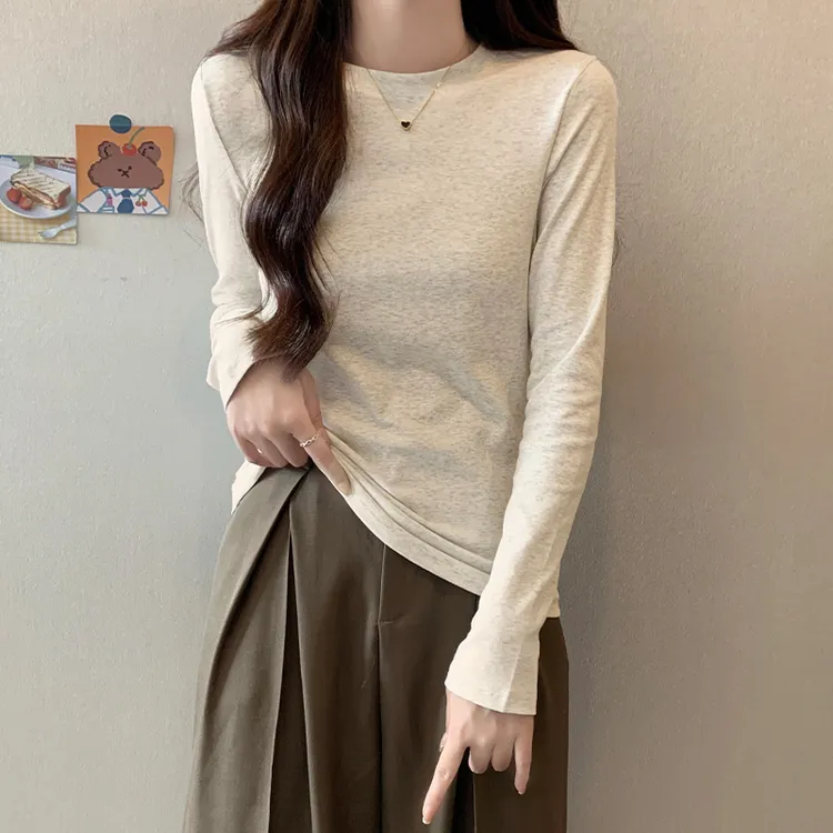 美式圆领正肩T恤女长袖春秋季基础款纯色显瘦修身内搭打底衫上衣