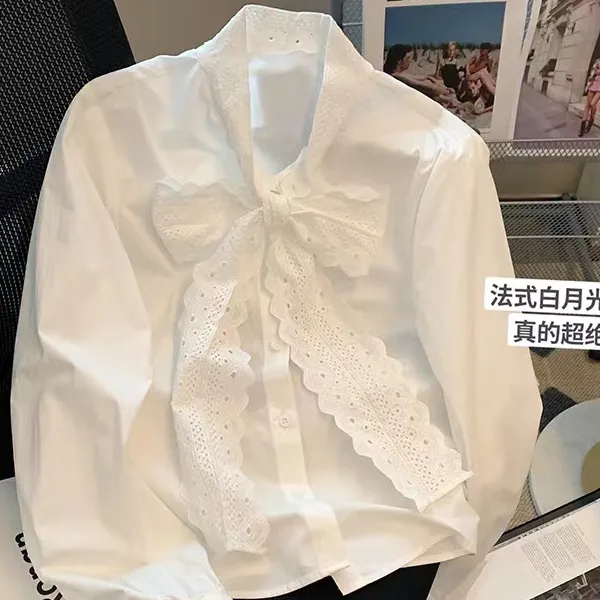 大码刺绣韩版法式气质蝴蝶结白色衬衫女长袖内搭叠穿新国风上衣