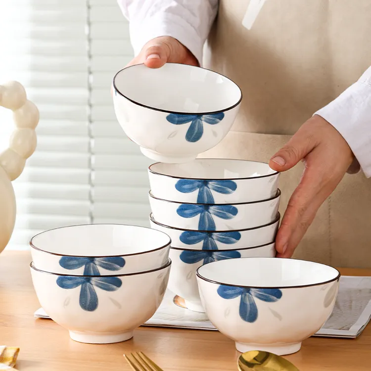 句途格调10只4.5英寸碗家用陶瓷米饭碗加厚防烫吃面碗牡丹花碗