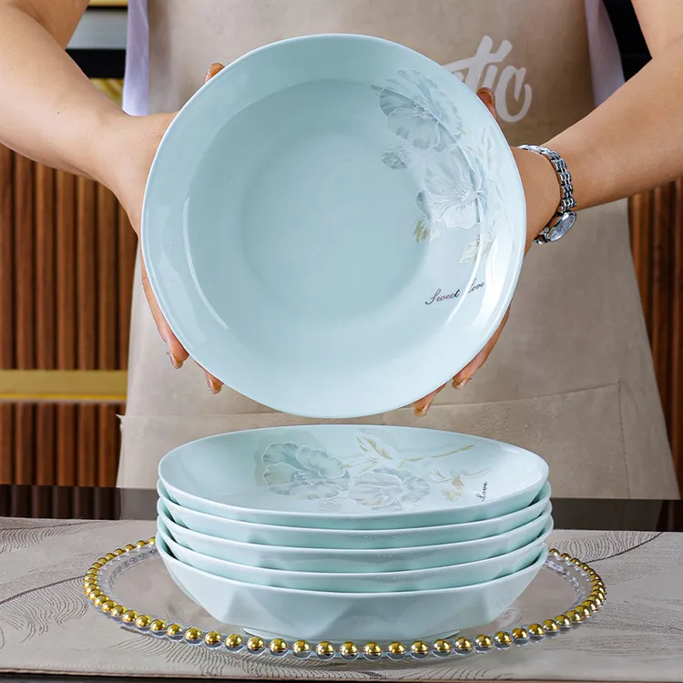 句途影青甜蜜蜜6个8英寸圆盘菜盘饭盘深盘防烫牡丹花家用陶瓷餐具