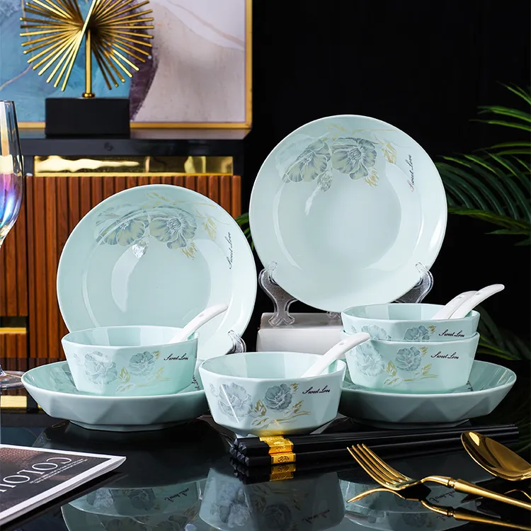 句途16件影青甜蜜蜜陶瓷餐具套装米饭碗菜盘防烫牡丹花家用碗盘