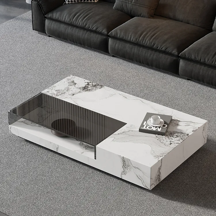 意式轻奢长方形岩板茶几现代极简大平层家用客厅大小户型玻璃茶几