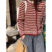 【复古红条帽衫】慵懒风小个子条纹宽松针织开衫女毛衣外套FFL1026