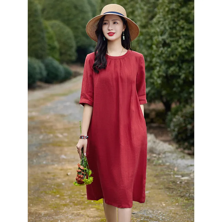 高端小个子亚麻红色连衣裙2025新款春夏气质宽松显瘦棉麻复古裙子