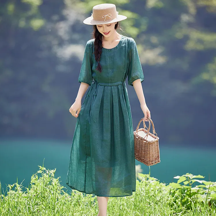 高端墨绿纯苎麻连衣裙2025新款胖mm大码女装夏季棉麻碎花裙子薄款