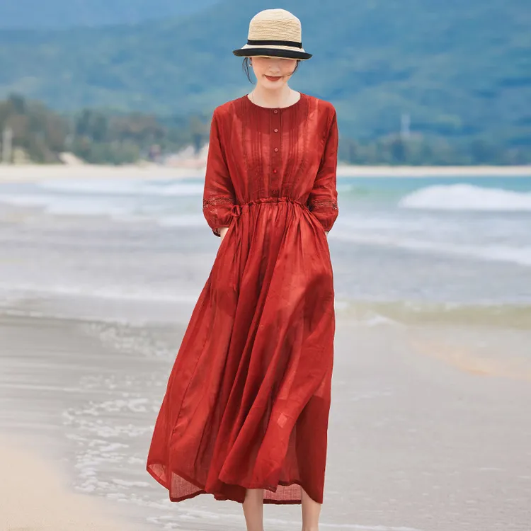 高端红色苎麻连衣裙2025新款女夏季气质文艺复古棉麻大摆长裙薄款