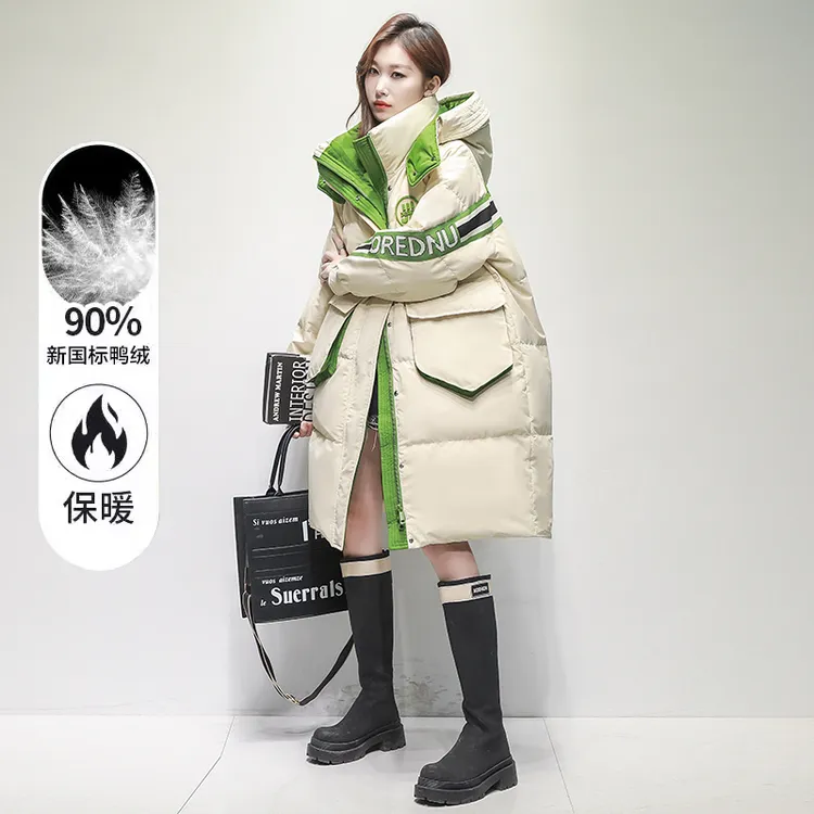 设计感拼色羽绒服女中长款冬季2025年新款时尚洋气加厚白鸭绒外套