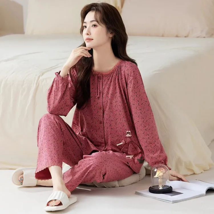 力婷睡衣女全棉可外穿长袖睡衣套装春秋季长袖纯棉甜美风家居服