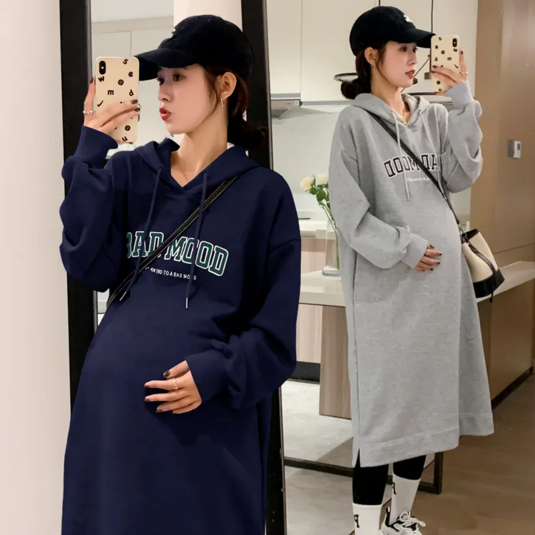 大码孕妇卫衣连衣裙秋冬装加厚遮肚长裙时尚显瘦连帽打底衣200斤