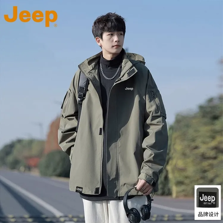 JEEP吉普户外工装外套男士美式春秋季宽松夹克男款连帽运动上衣服