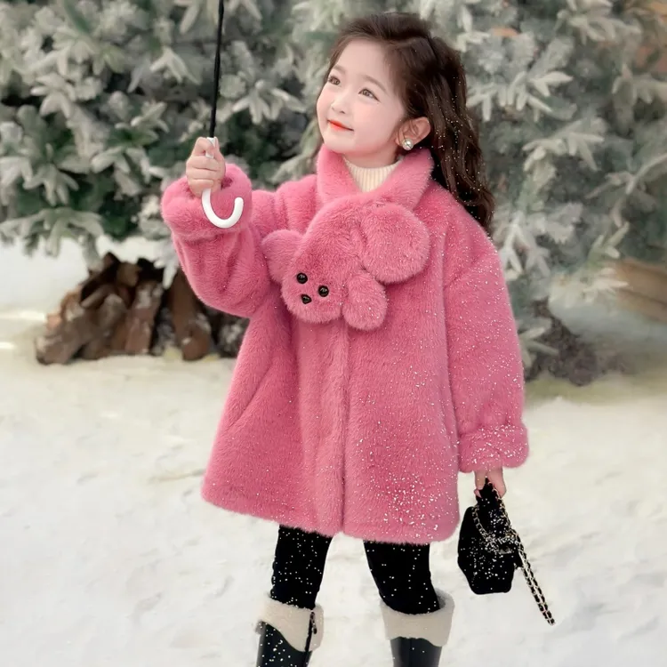 女童环保水貂绒外套儿童保暖中长款大衣洋气宝宝冬季毛毛外套