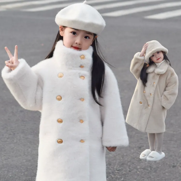 女童环保水貂毛毛外套大衣儿童加厚时尚保暖冬季中长款大衣宝宝