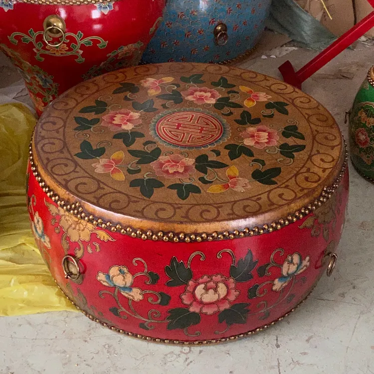 牛皮彩绘做旧茶几鼓实木圆形茶桌新中式特色功夫茶台80直径大鼓桌