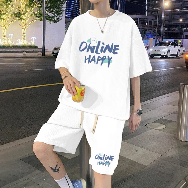 2024夏季宽松套装男士运动时尚短袖阔脚冰丝短裤小清新百搭两件套