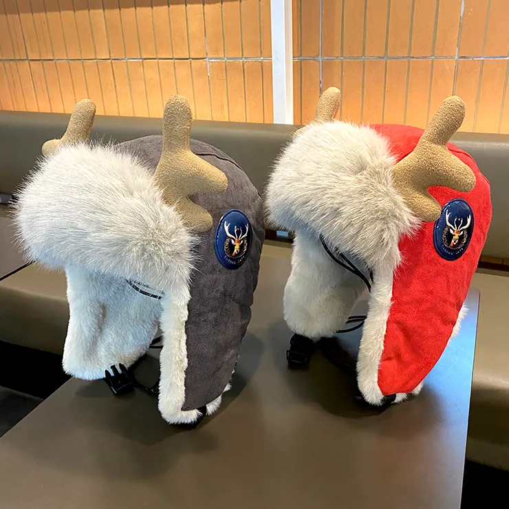 儿童帽子中大童冬季鹿角加厚雷锋帽防风护耳帽男女童洋气套头帽潮