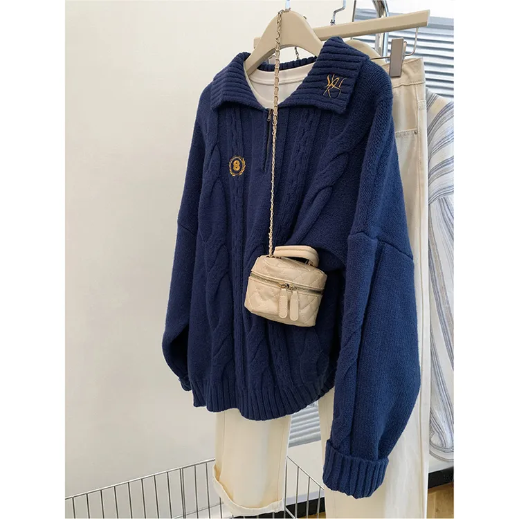 藏青色学院风polo领刺绣毛衣女春秋秋冬慵懒风翻领套头针织衫外穿