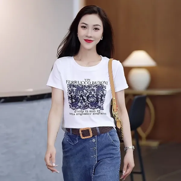 时尚休闲女士百搭夏季宽松印花显瘦白色套头短袖短款修身圆领T恤