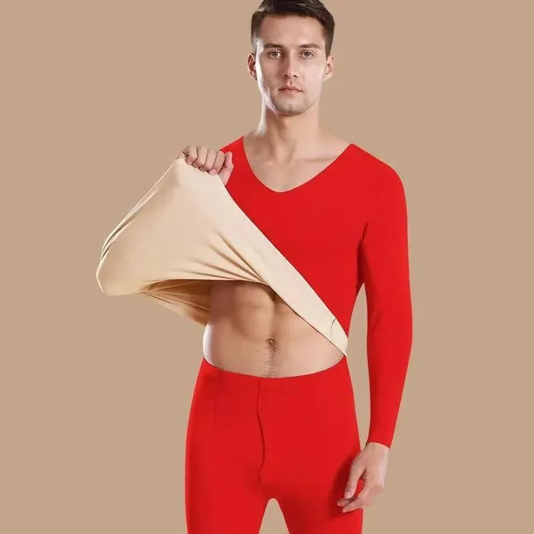 秋冬双面德绒男士加绒内衣套装秋衣秋裤女士打底衫本命年亲肤套装