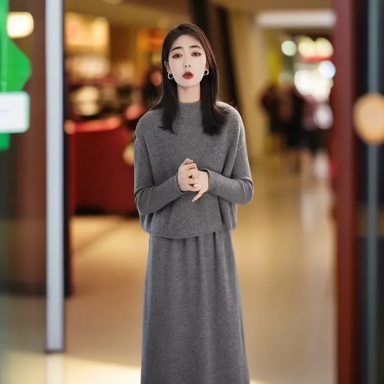 2025秋冬新款长袖早秋显瘦保暖气质美拉德时尚马甲连衣裙两件套装