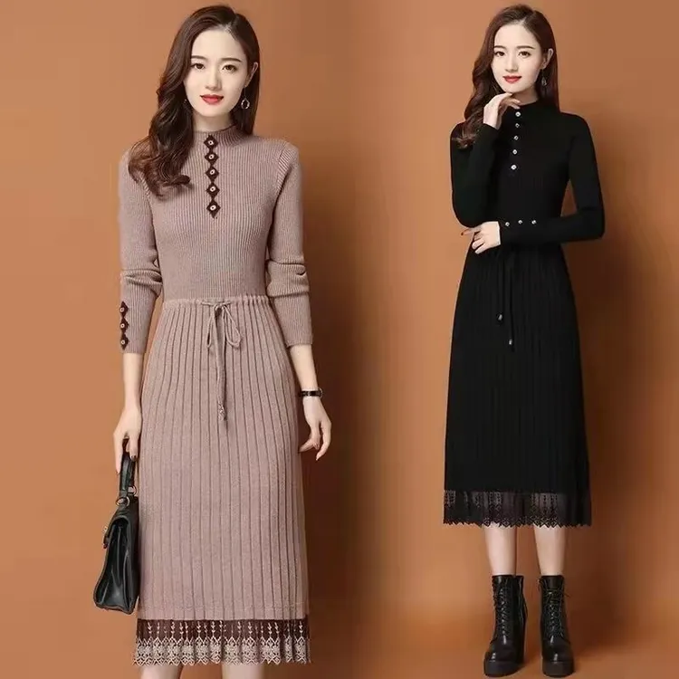 2025秋冬新款高档加厚系带毛衣裙中长款过膝显瘦针织打底连衣裙女