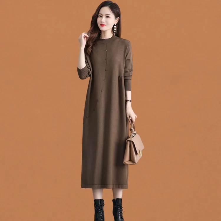 新款春秋针织宽松连衣裙洋气妈妈大码过膝长款打底裙气质长袖优雅