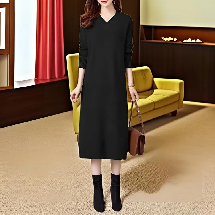 美拉德V领长裙纯色过膝新款厚大码A字裙毛衣连衣裙打底裙宽松显瘦