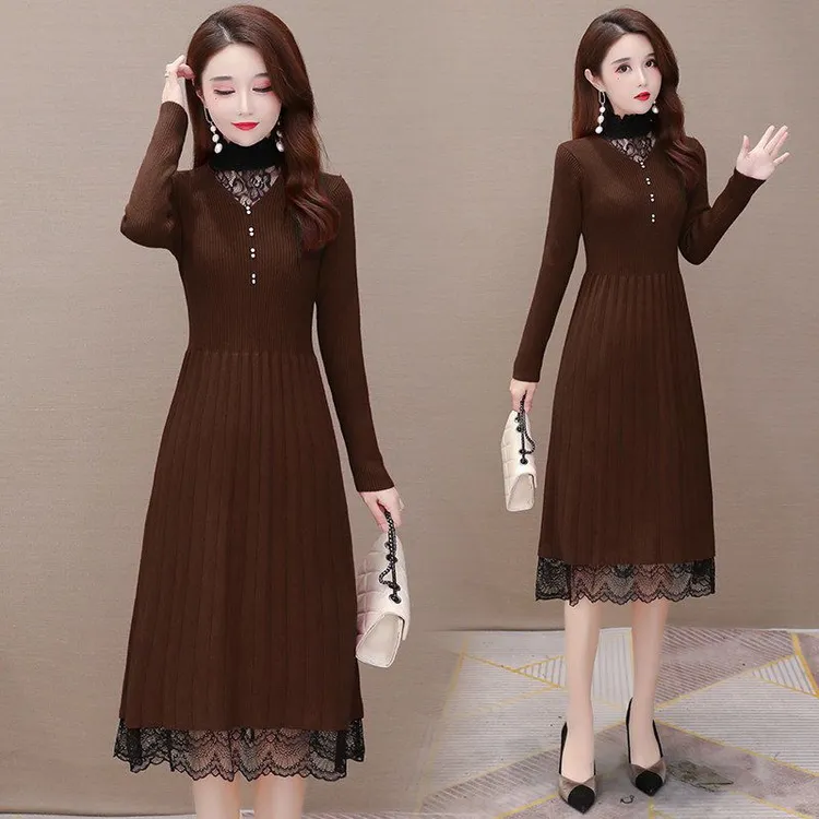 加大码微胖mm秋冬300斤蕾丝拼接毛衣女中长款过膝打底针织连衣裙
