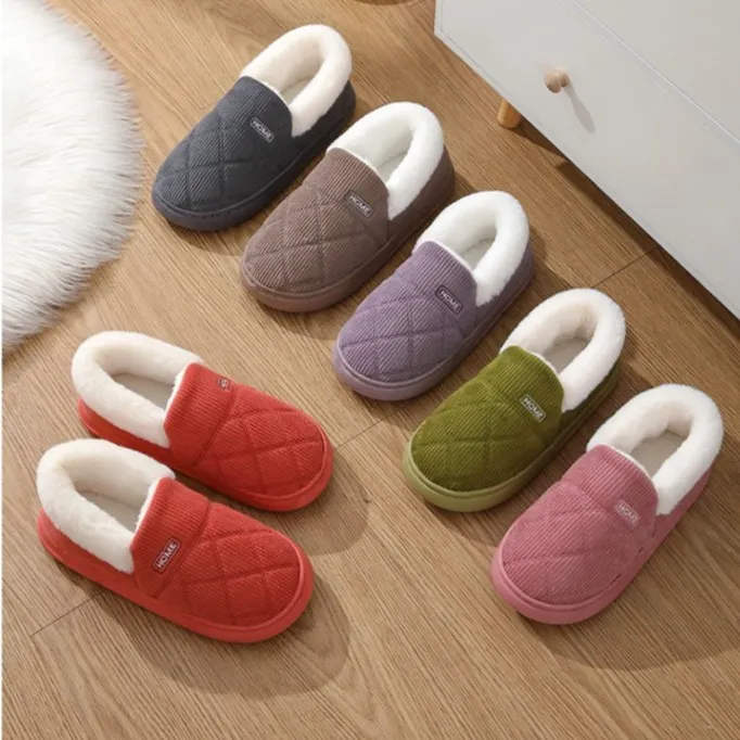 瑞恪灯芯绒升级加厚软底防滑包跟居家情侣冬天厚底加绒棉拖鞋女男