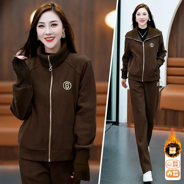 高端2024秋冬季加绒加厚运动套装女洋气妈妈立领卫衣休闲服两件套