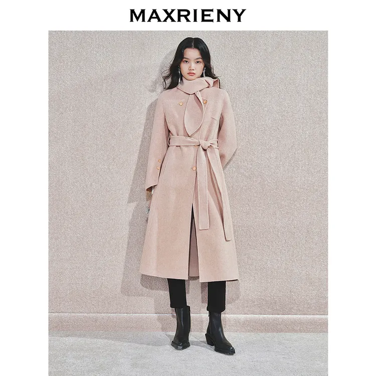 MAXRIENY精致肌理感绵羊毛大衣24冬新款收腰显瘦系带外套中长款