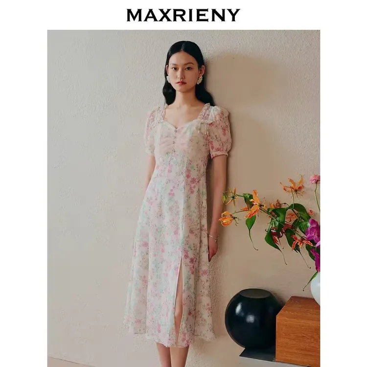 MAXRIENY恋恋桃花裙浪漫碎花裙度假连衣裙茶歇裙度假蕾丝气质