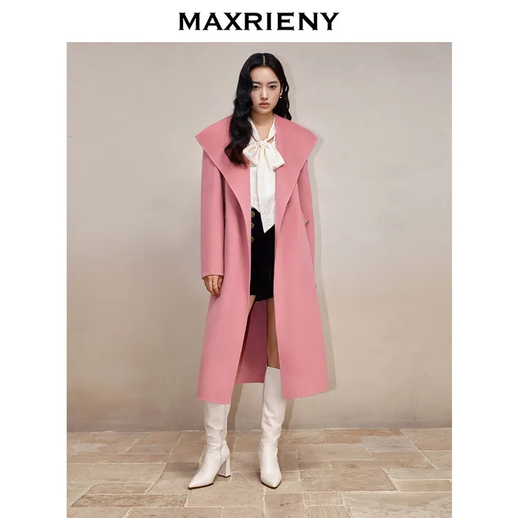 MAXRIENY法式慵懒感双面呢大衣秋冬过膝气质长款浴袍式毛呢绵羊毛