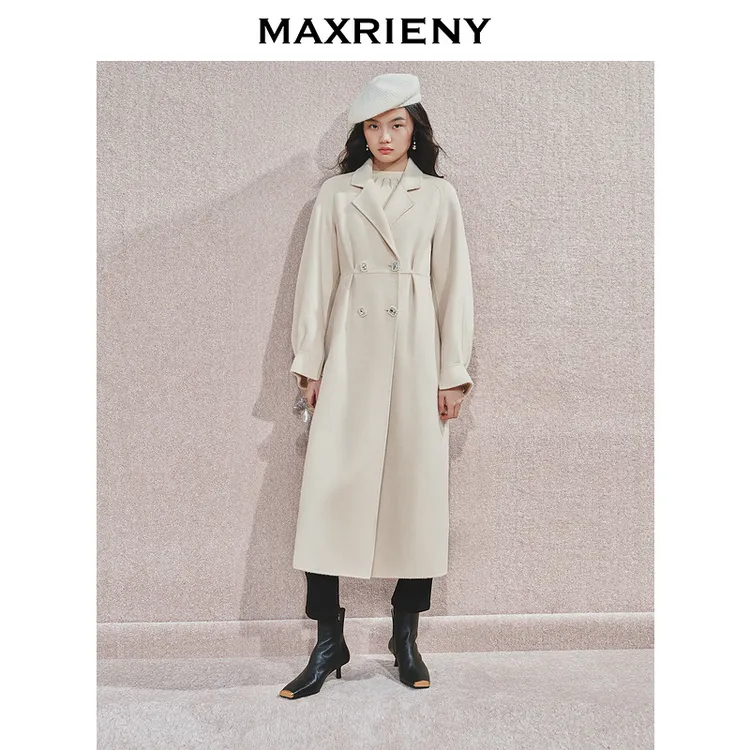MAXRIENY极简绵羊毛大衣收腰藏肉24冬新款女装廓形毛呢过膝中长款