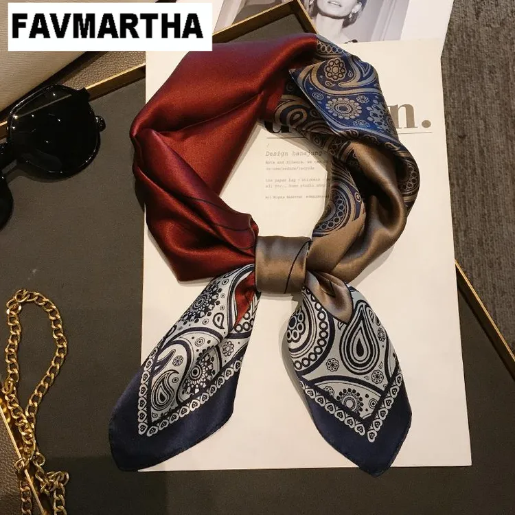 FAVMARTHA.酒红拼腰果65cm方巾女春秋长领巾装饰丝巾