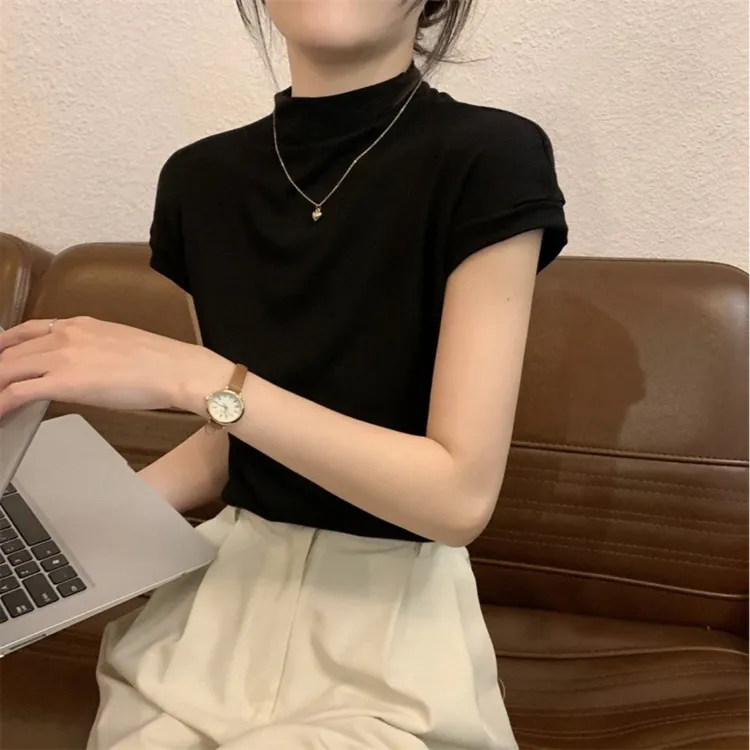 紫皇冠家~2024早秋新款糖果彩色贝壳领正肩t恤修身显瘦百搭上衣