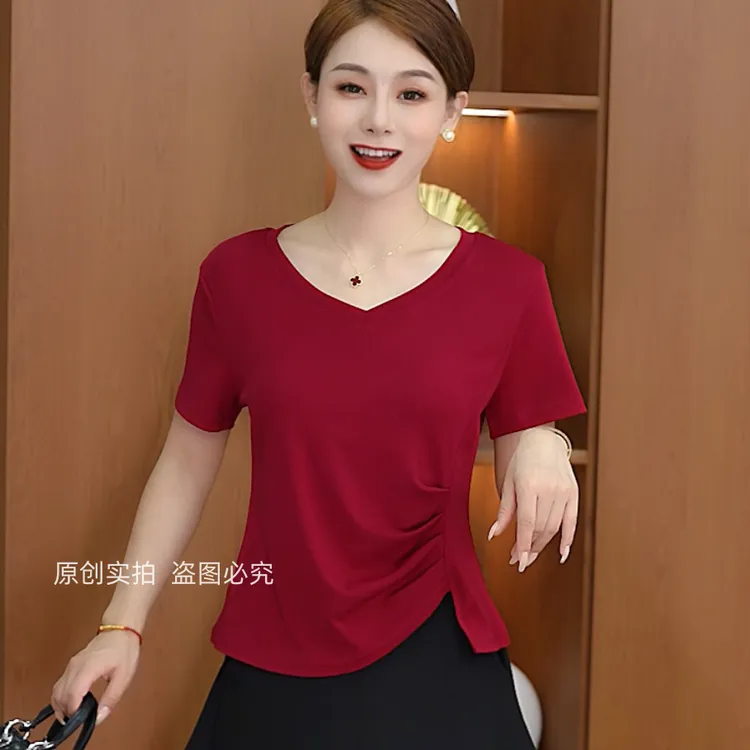 原版新款不规则V领设计感修身T恤女款纯色夏季休闲短袖小衫女上衣