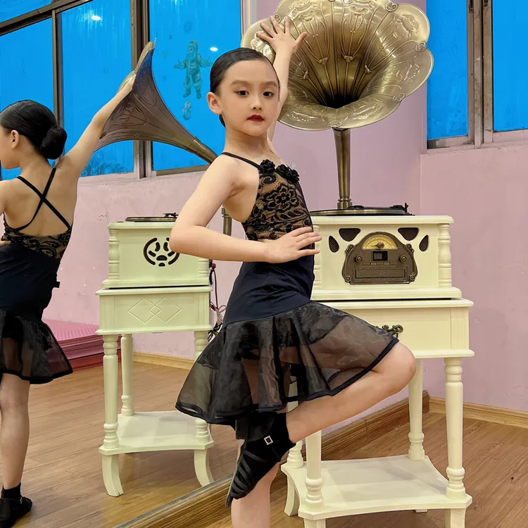 WMS少儿拉丁舞练功服2023夏季新款黑色蕾丝吊带集训演出服套装