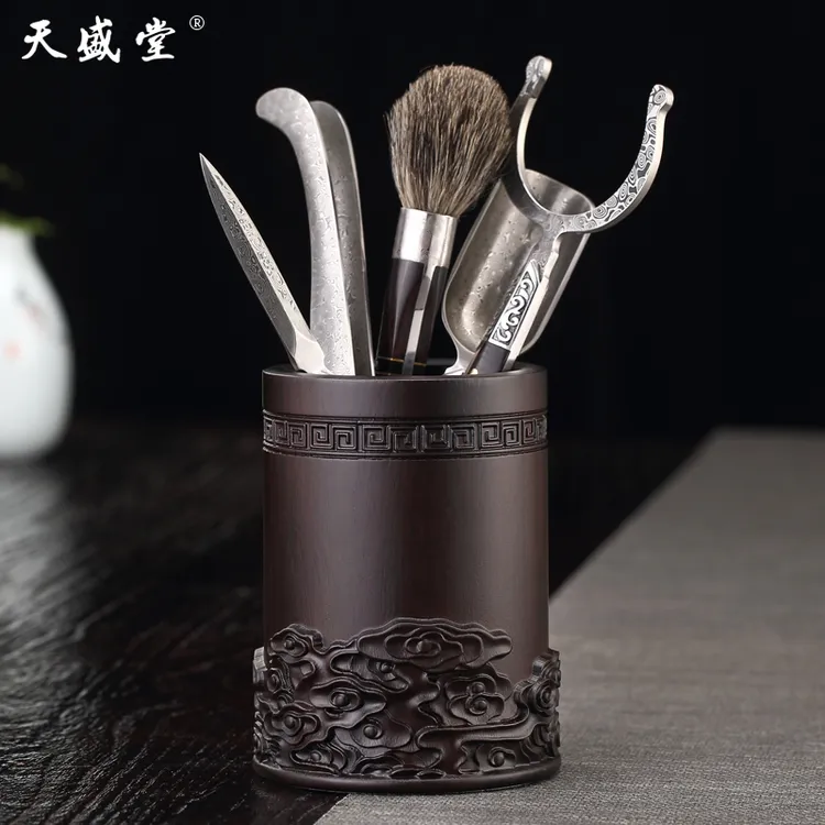 自见黑檀木茶道六君子高档禅意功夫茶具配件日式茶艺实木收纳茶筒