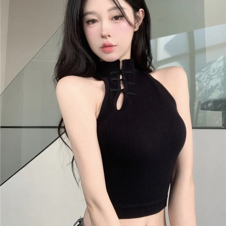 复古盘扣旗袍式打底衫内搭短款上衣半高领无袖背心女修身显瘦性感
