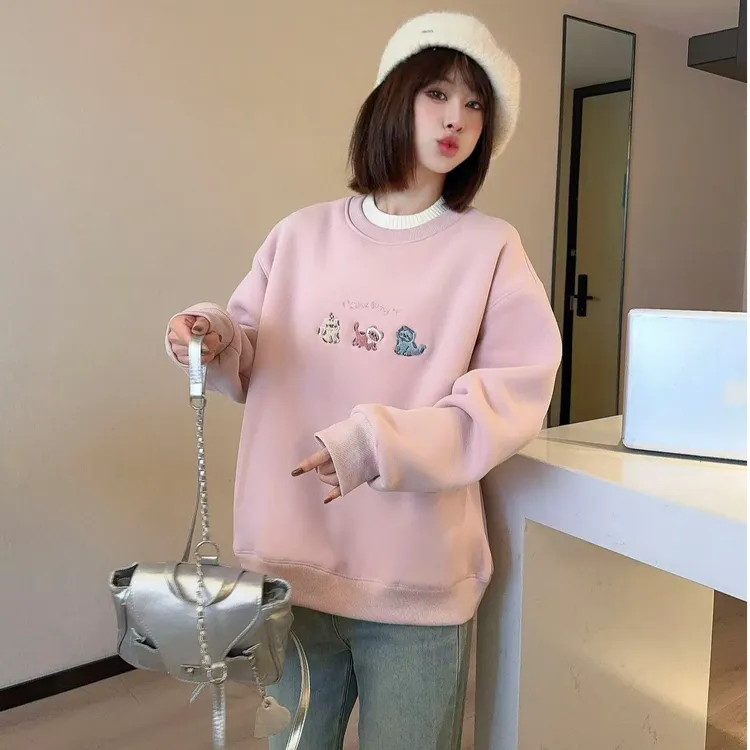 【佳佳专属】小猫刺绣假两件圆领冬款加绒加厚女款卫衣高街冬季
