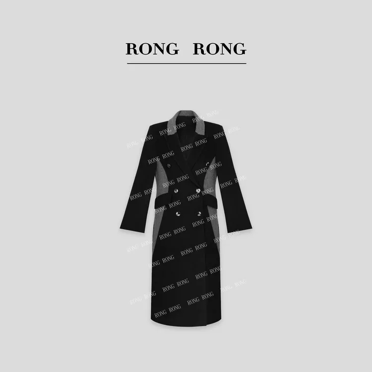 溶溶【半墨停云】RONGRONG 100绵羊毛撞色收腰双排扣呢大衣S1553