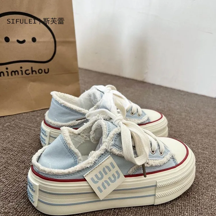 可踩后跟女鞋外穿厚底百搭一脚蹬2024新款小众设计增高休闲帆布鞋