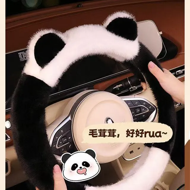 毛绒可爱耳朵冬季保暖不掉毛弹力汽车把套通用方向盘套防寒长