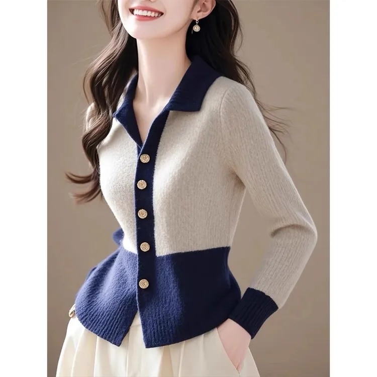 法式精致绝美撞色翻领针织衫女春季新款洋气百搭好看内搭长袖小衫