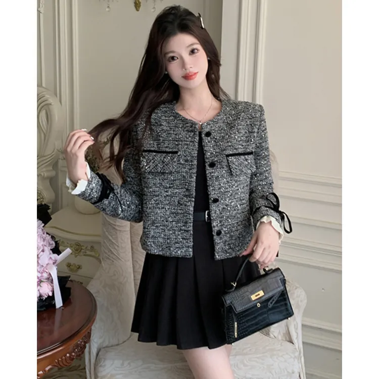 法式小香风轻奢名媛拼接短外套女春季新款宽松百搭蝴蝶结长袖上衣