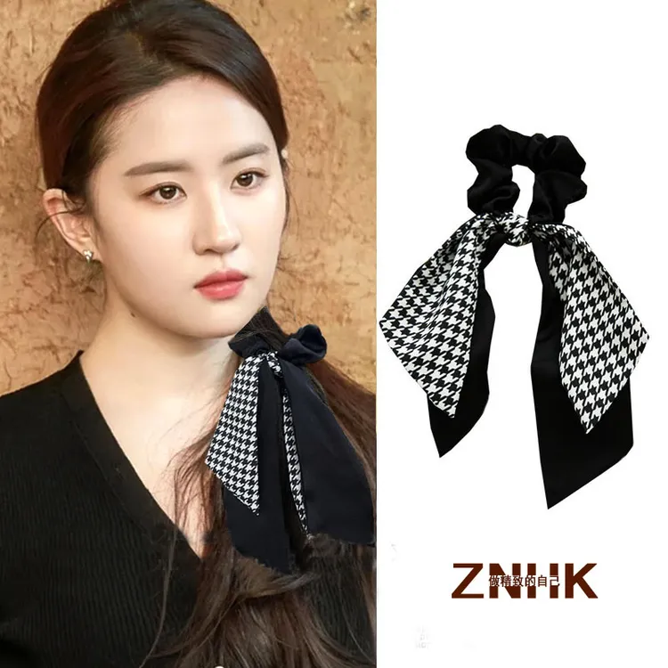 玫瑰的故事刘亦菲同款发带绑发扎马尾飘带发绳法式复古千鸟格发圈