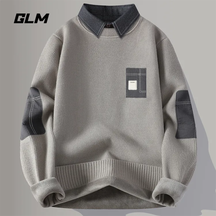 GLM一体绒毛衣男秋冬季潮牌青年拼色假两件休闲保暖衬衫领针织衫