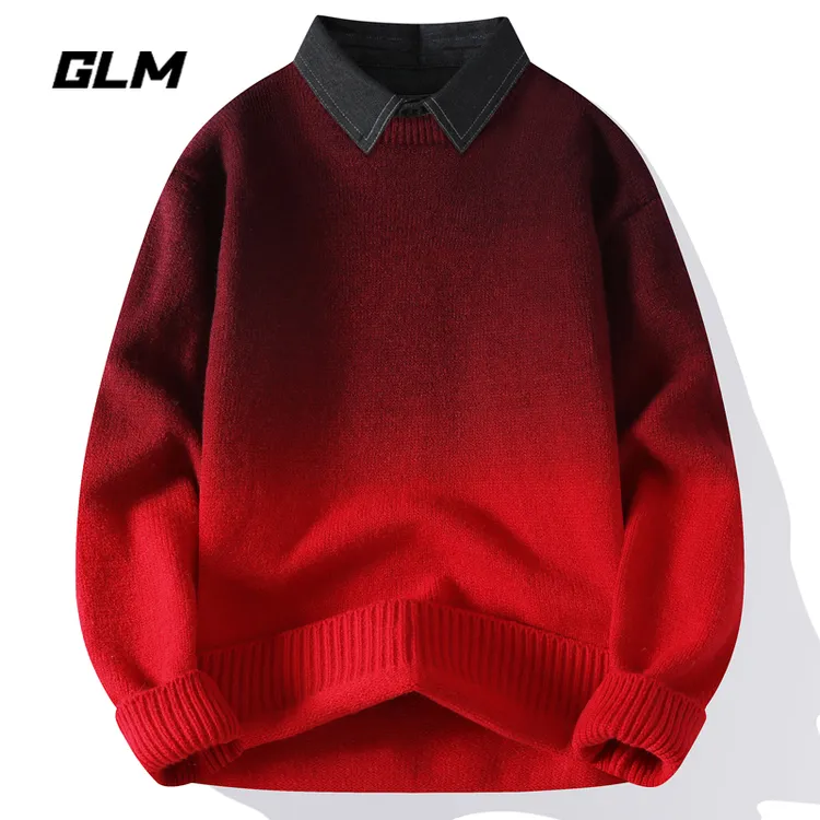 GLM渐变色衬衫领红毛衣男秋冬2024新款青年宽松保暖假两件针织衫