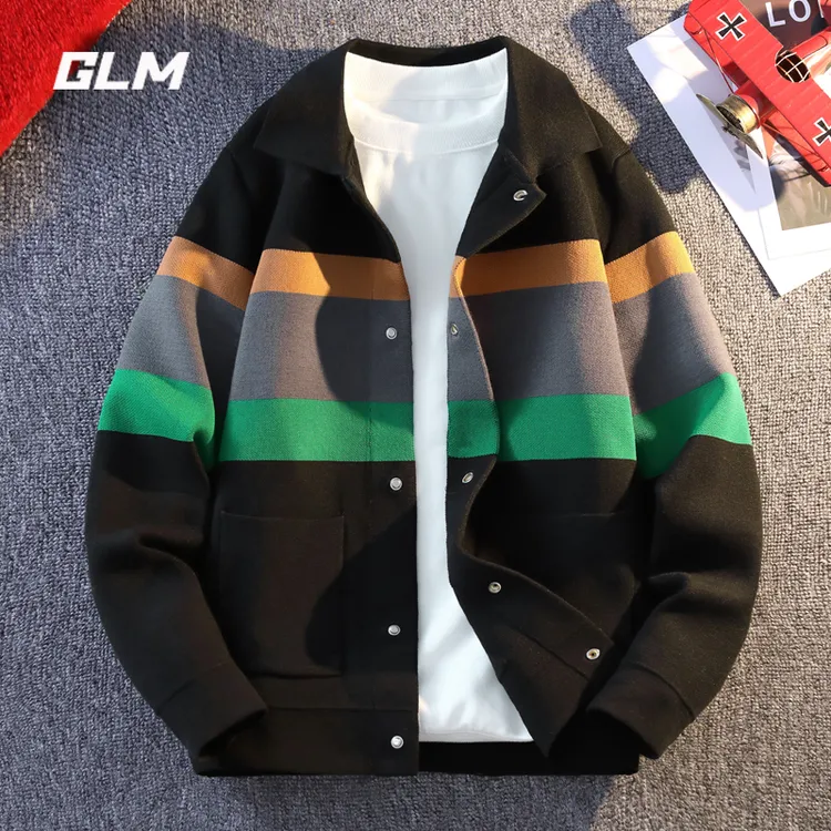 GLM翻领毛衣开衫外套男士秋冬季潮流拼接撞色条纹休闲保暖针织衫
