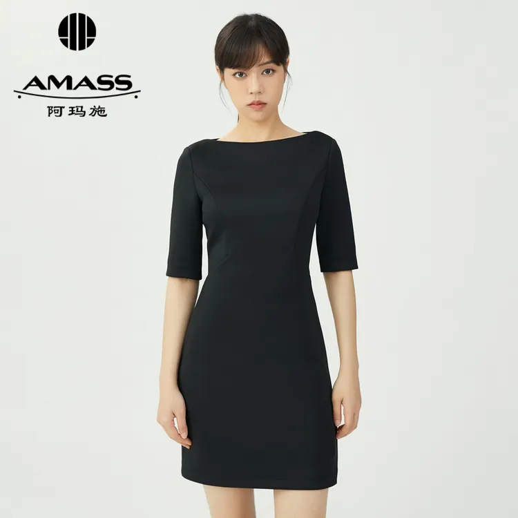 AMASS/阿玛施优雅中袖连衣裙显瘦气质时尚旅游修身显瘦连衣裙